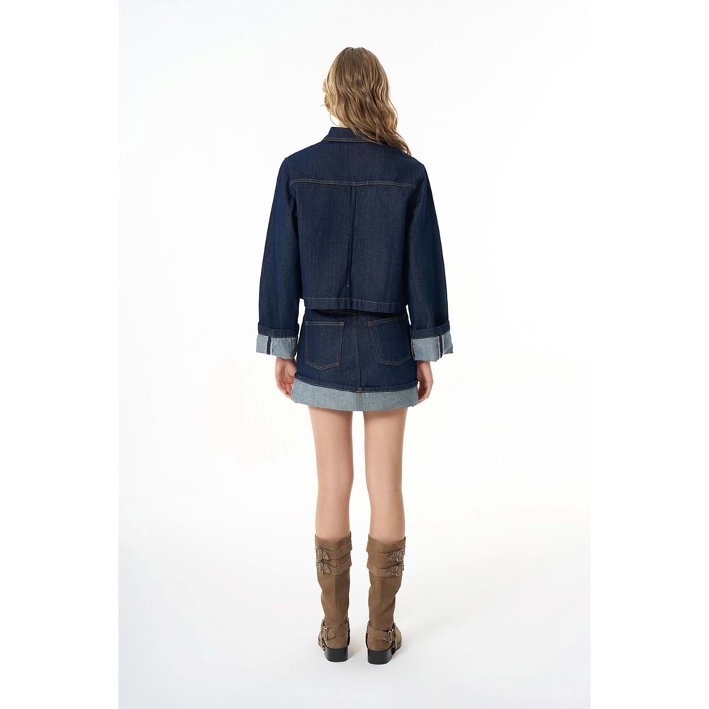 Quzu Kadın Crop Düğmeli Cepli Jean Ceket Mavi S Beden