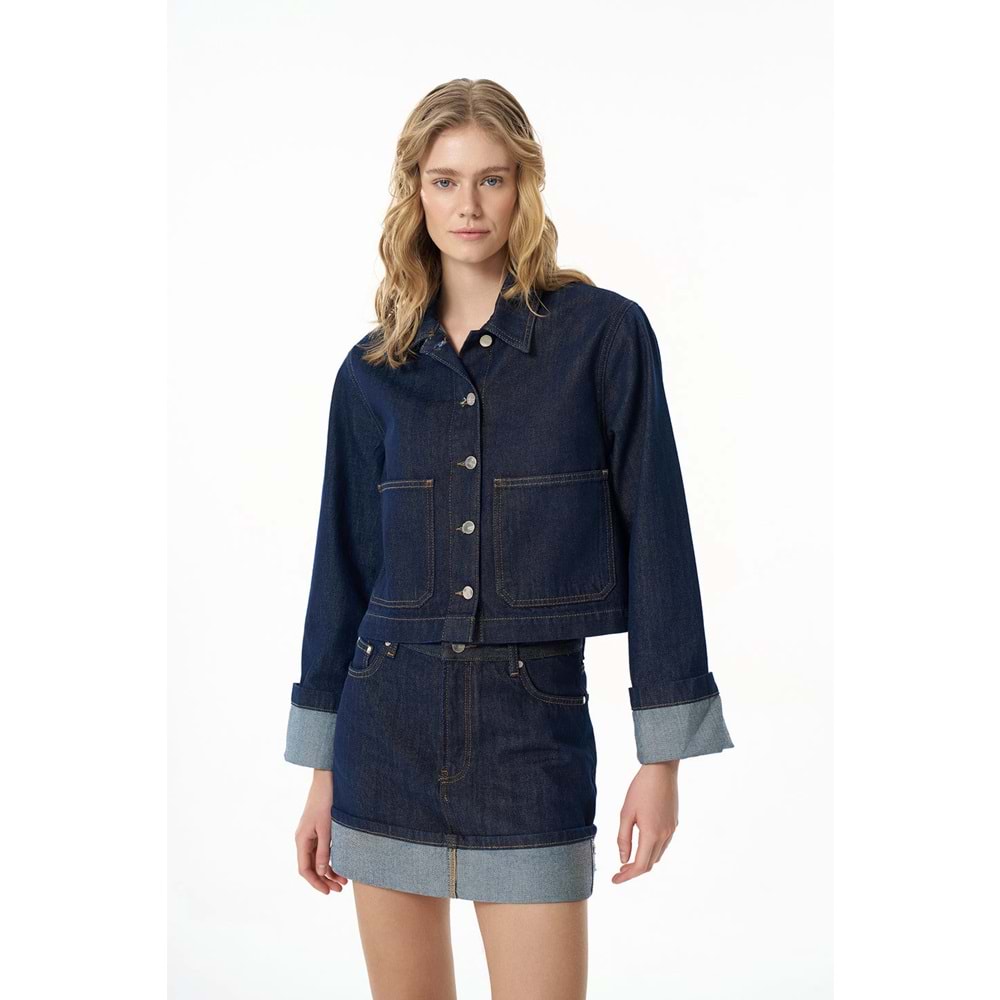 Quzu Kadın Crop Düğmeli Cepli Jean Ceket Mavi S Beden