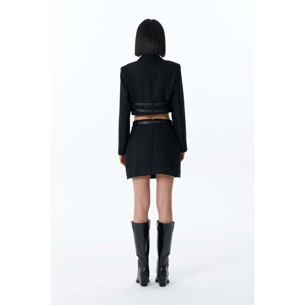 QUZU Çift Pileli Siyah Kemerli Mini Short Etek S Beden