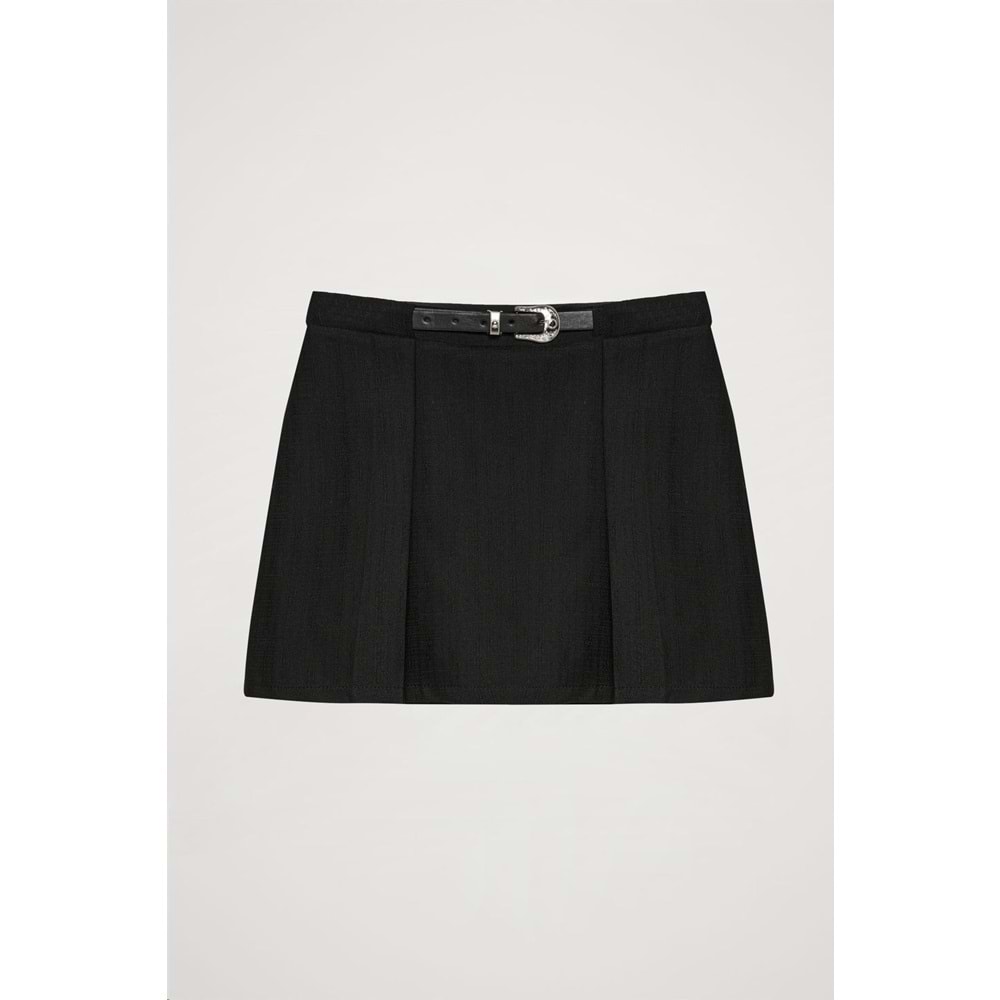 QUZU Çift Pileli Siyah Kemerli Mini Short Etek S Beden