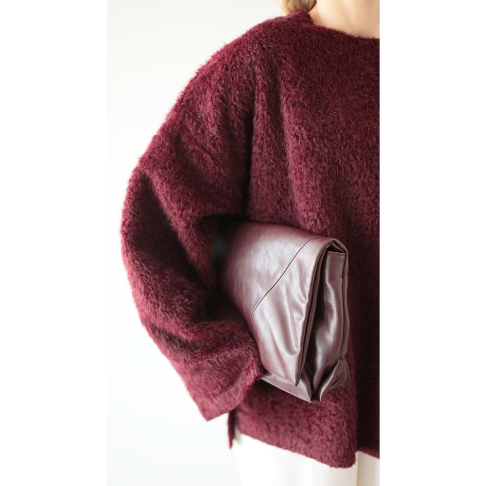 Tüylü Dokuma Bordo Kadın Kazak