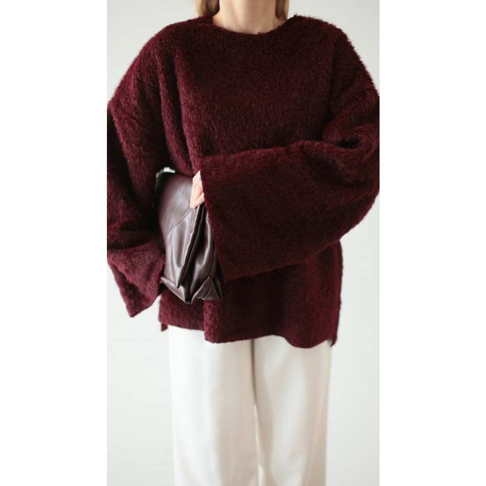 Tüylü Dokuma Bordo Kadın Kazak