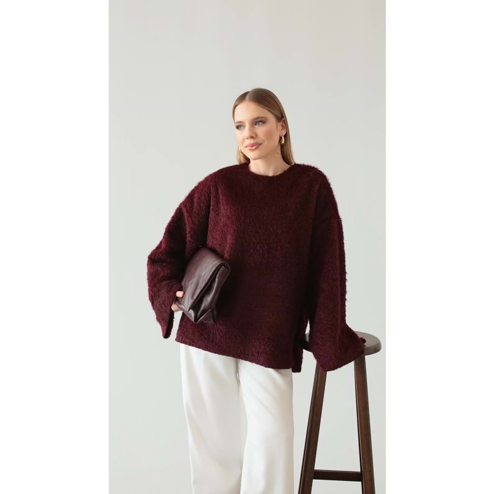 Tüylü Dokuma Bordo Kadın Kazak