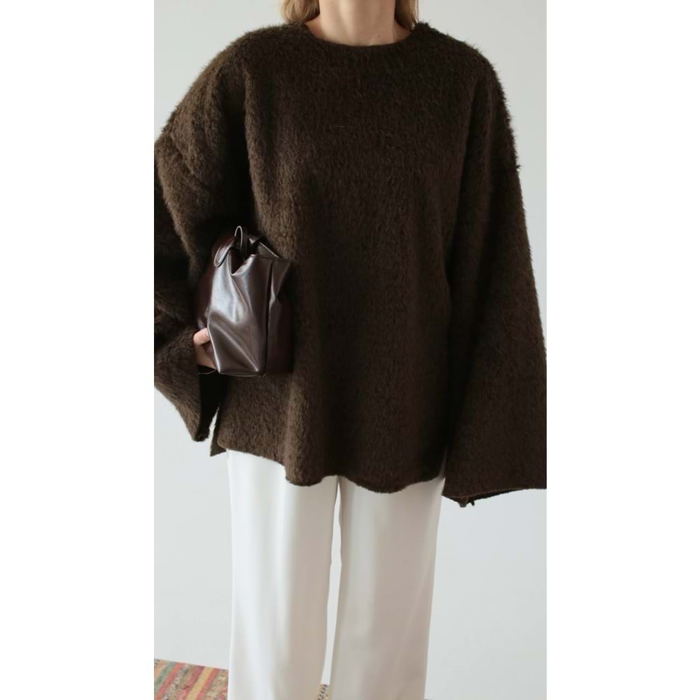 Tüylü Dokuma Kahverengi Kadın Kazak