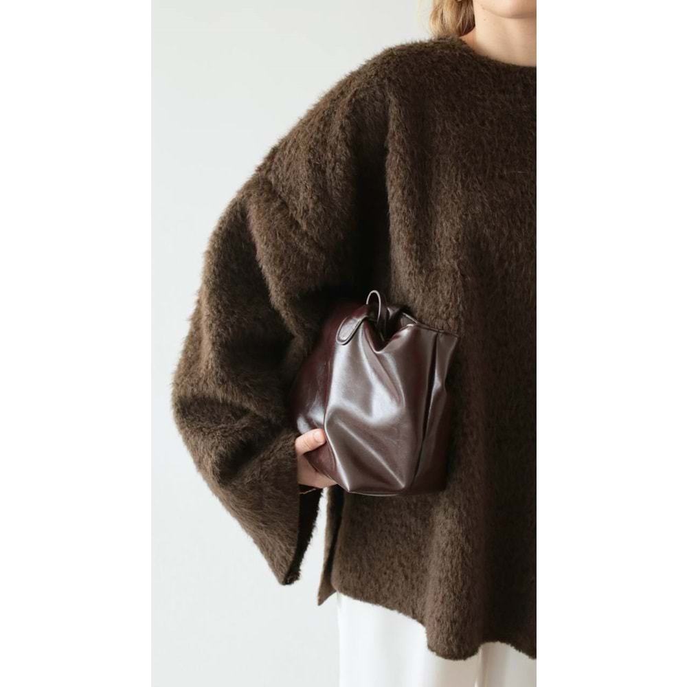 Tüylü Dokuma Kahverengi Kadın Kazak