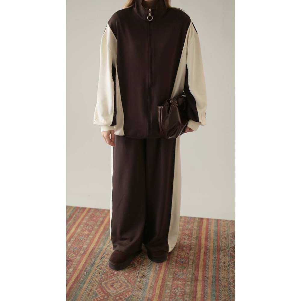 Garnili Modal Şeritli Kahverengi Kadın Eşofman Takımı