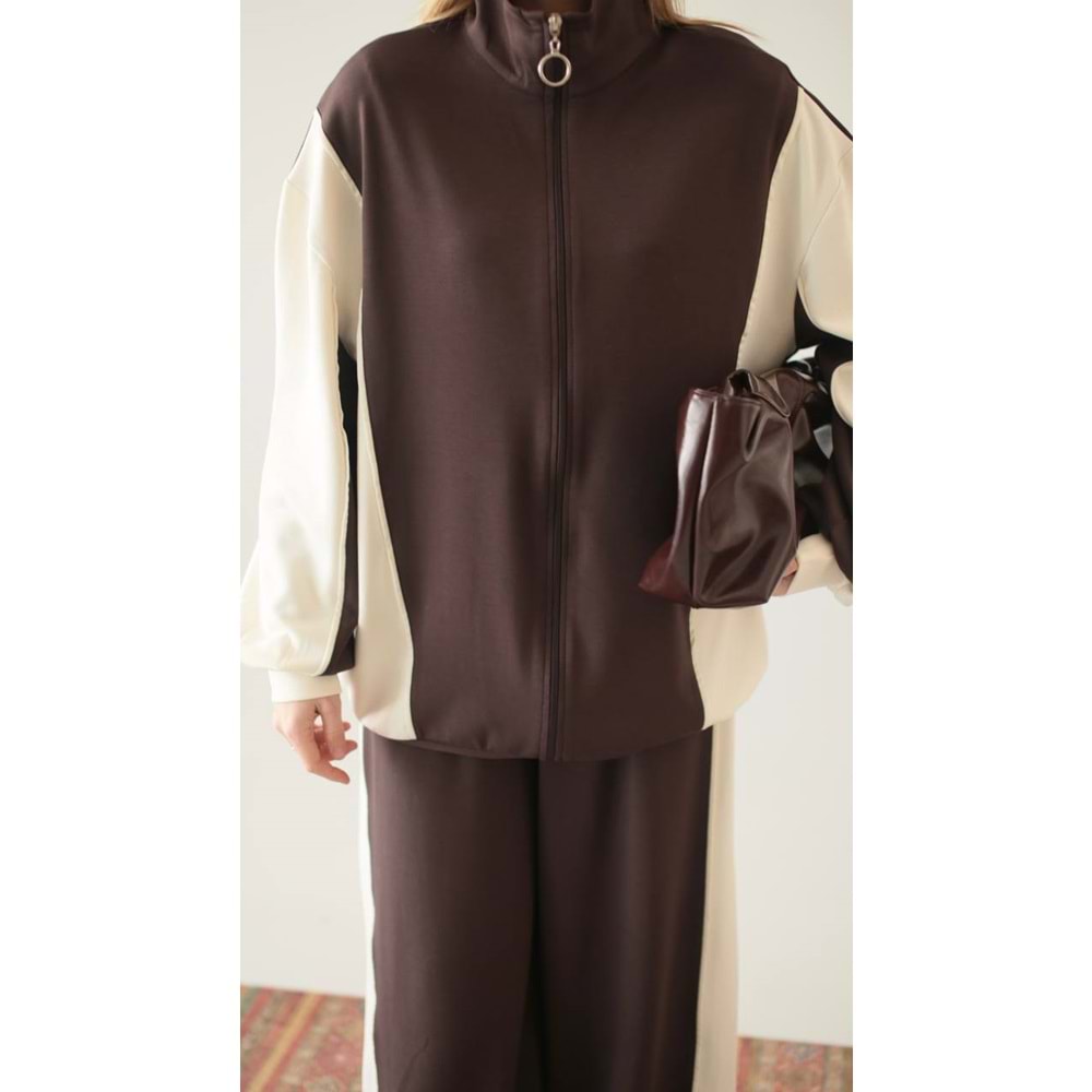 Garnili Modal Şeritli Kahverengi Kadın Eşofman Takımı