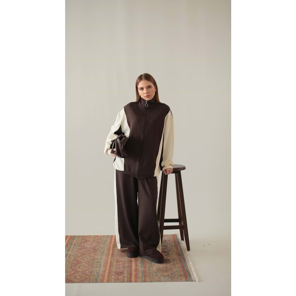 Garnili Modal Şeritli Kahverengi Kadın Eşofman Takımı