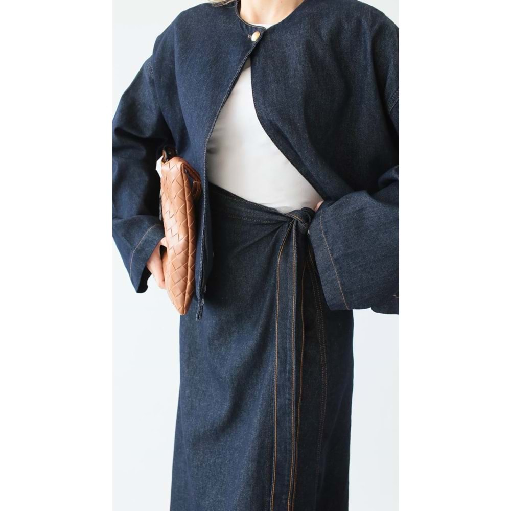 Oversize Kot Ceket ve Bağlamalı Midi Etek Takımı Lacivert