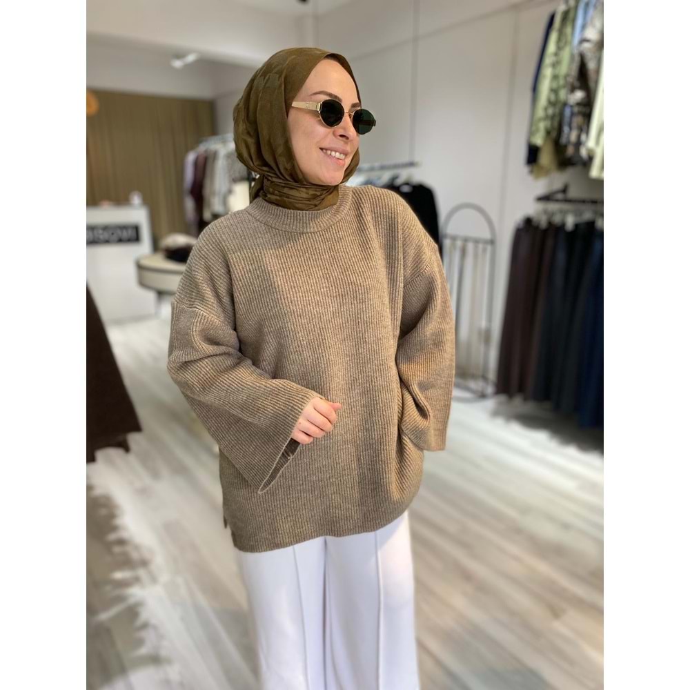 Oversize Geniş Kollu Rahat Kesim Vizon Kadın Triko Kazak