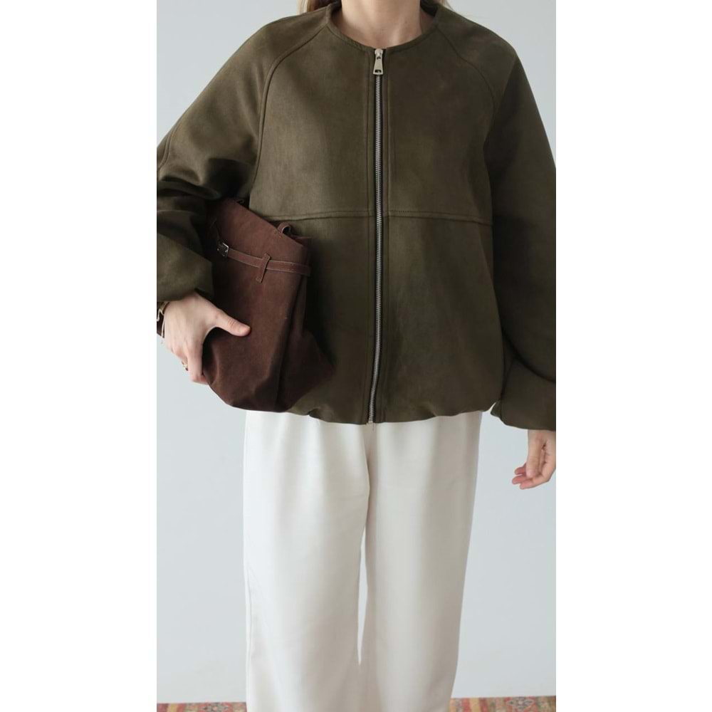 Süet Bomber Fermuarlı Kadın Yeşil Ceket