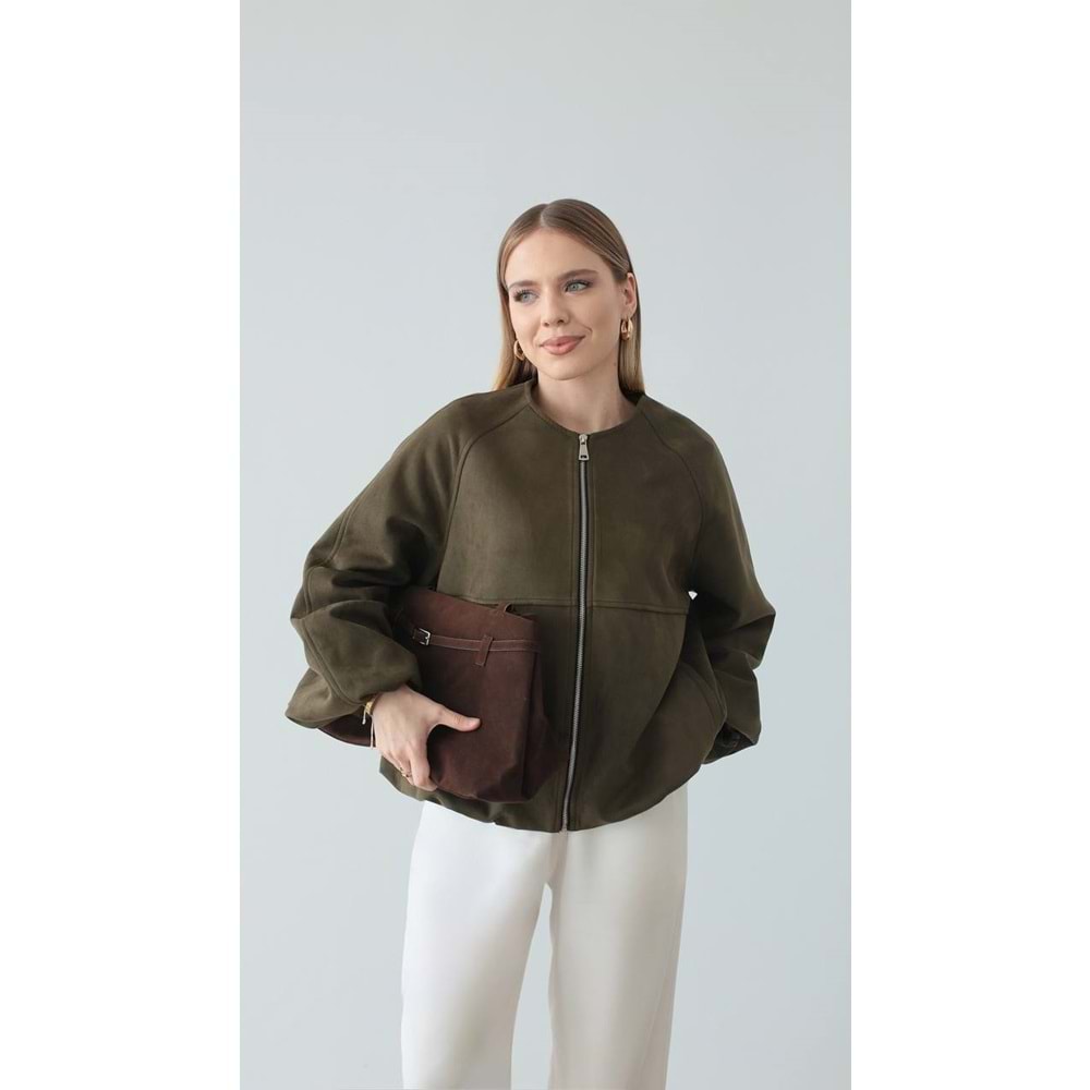Süet Bomber Fermuarlı Kadın Yeşil Ceket