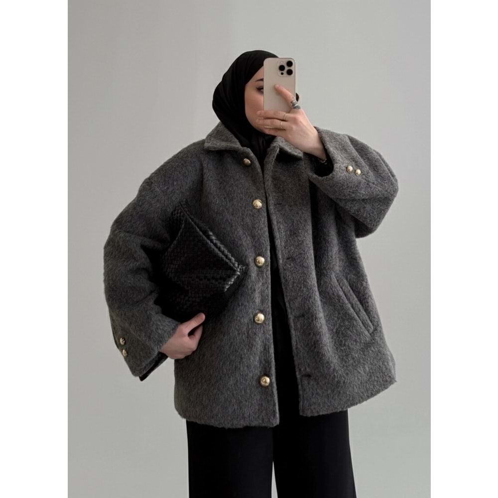 Silver Düğme Antrasit Astarlı Kadın Kaban