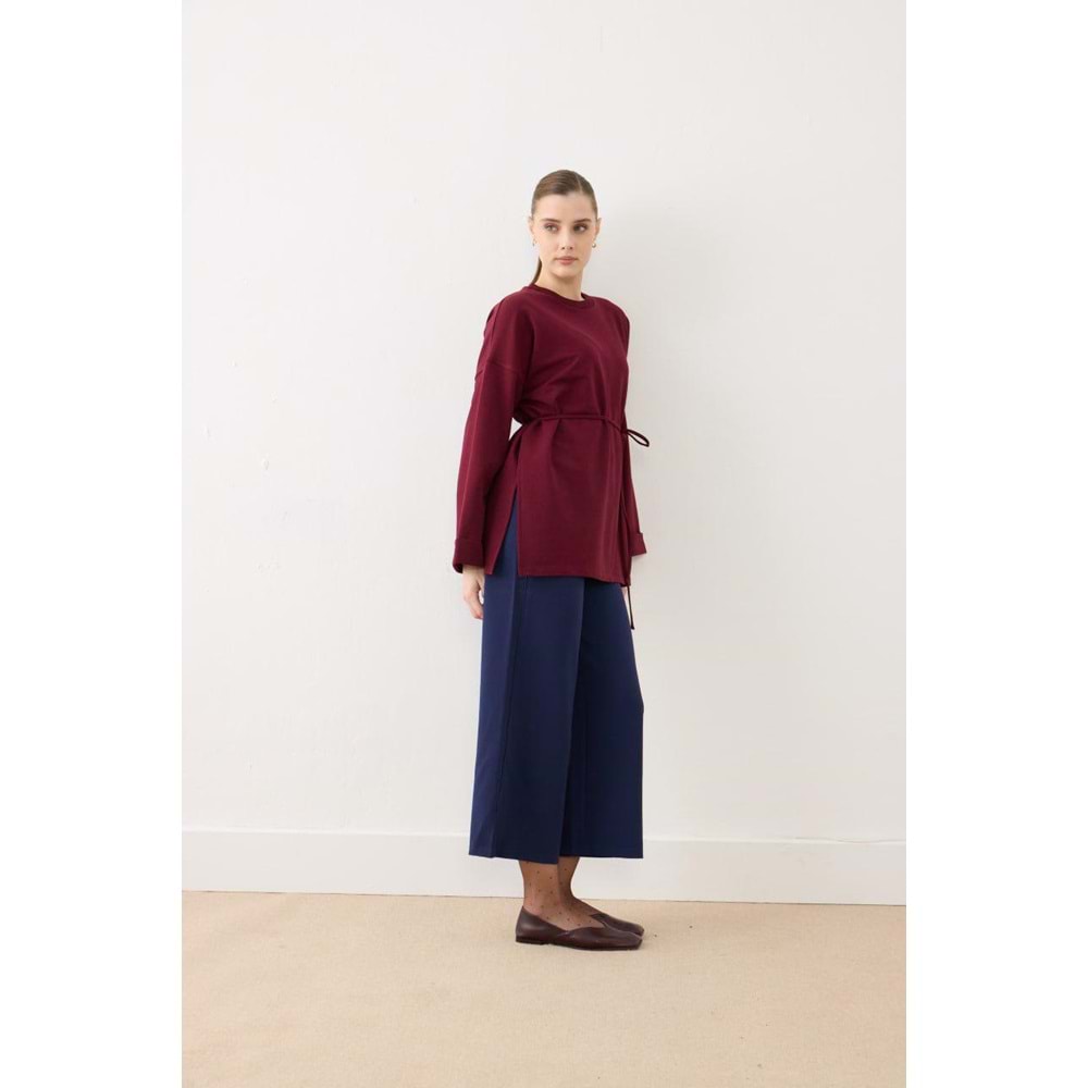 Dikiş Detaylı Yırtmaçlı Kadın Modal Bordo Sweatshirt S-M Beden