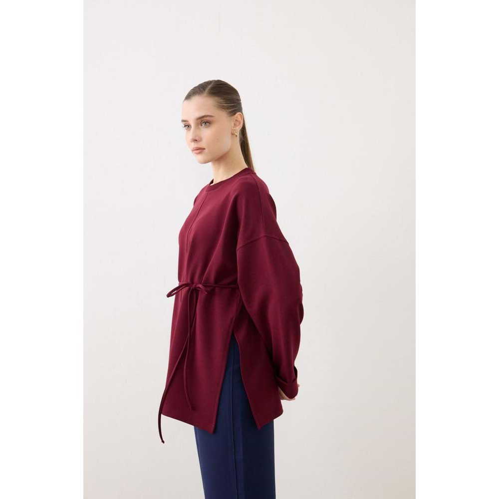 Dikiş Detaylı Yırtmaçlı Kadın Modal Bordo Sweatshirt S-M Beden