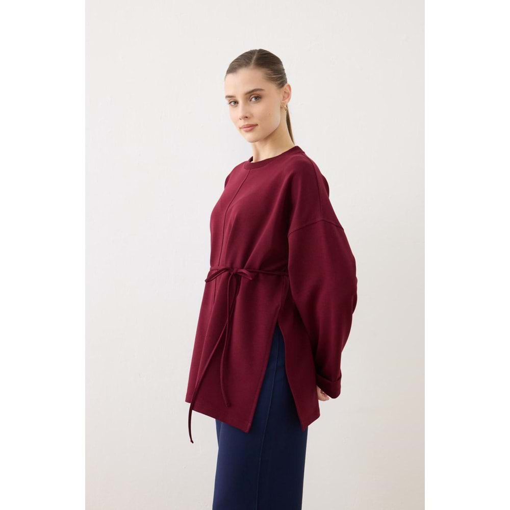 Dikiş Detaylı Yırtmaçlı Kadın Modal Bordo Sweatshirt S-M Beden