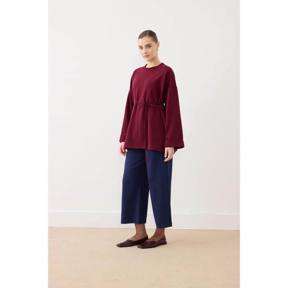 Dikiş Detaylı Yırtmaçlı Kadın Modal Bordo Sweatshirt S-M Beden