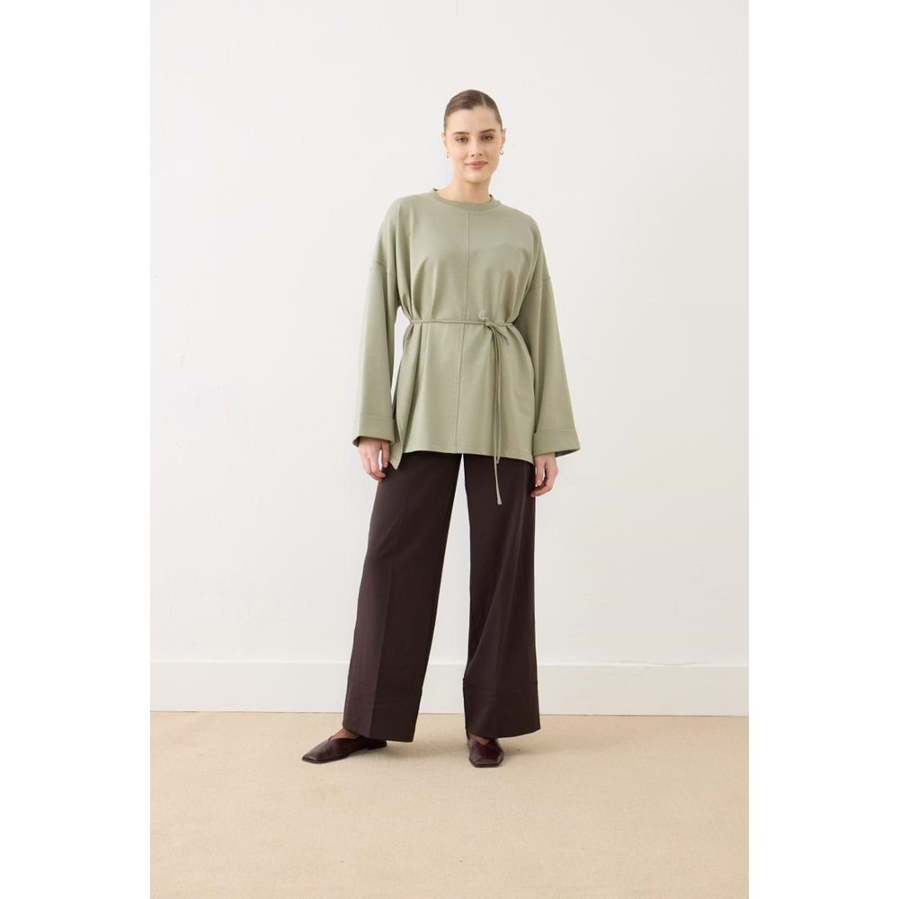 Dikiş Detaylı Yırtmaçlı Kadın Modal Çağla Sweatshirt M-L Beden
