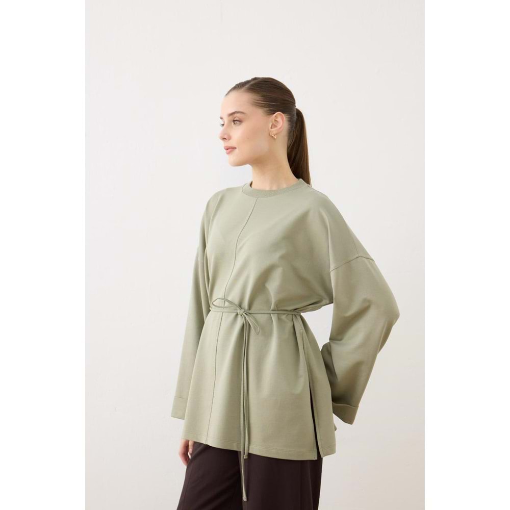 Dikiş Detaylı Yırtmaçlı Kadın Modal Çağla Sweatshirt S-M Beden