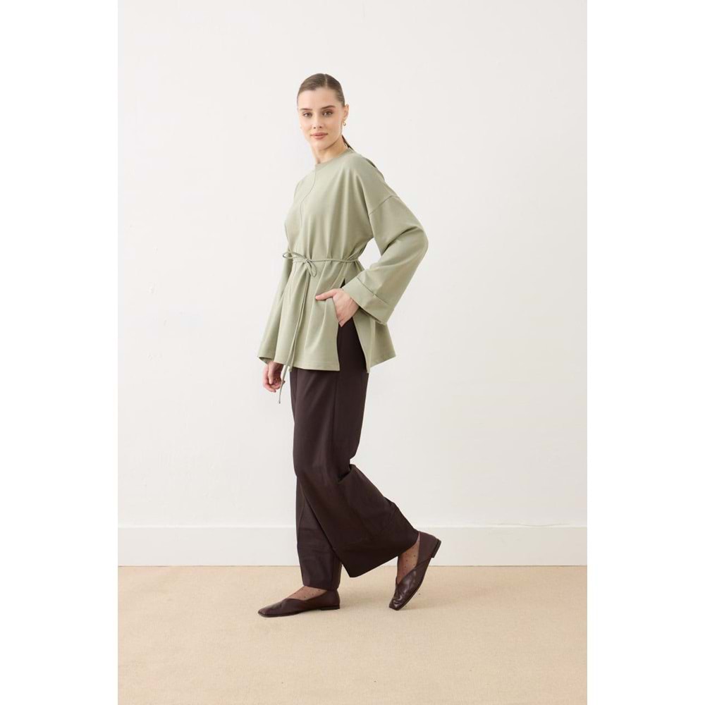Dikiş Detaylı Yırtmaçlı Kadın Modal Çağla Sweatshirt S-M Beden