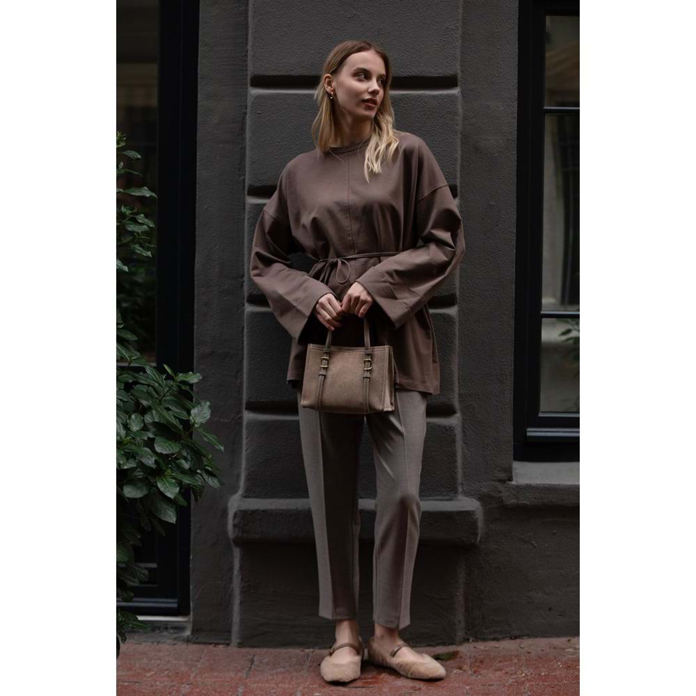 Dikiş Detaylı Yırtmaçlı Kadın Modal Kahverengi Sweatshirt S-M Beden