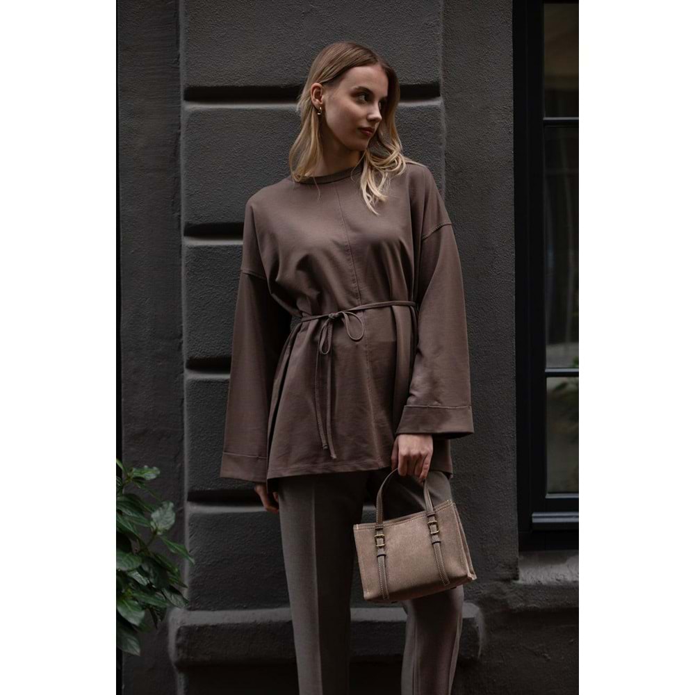 Dikiş Detaylı Yırtmaçlı Kadın Modal Kahverengi Sweatshirt S-M Beden
