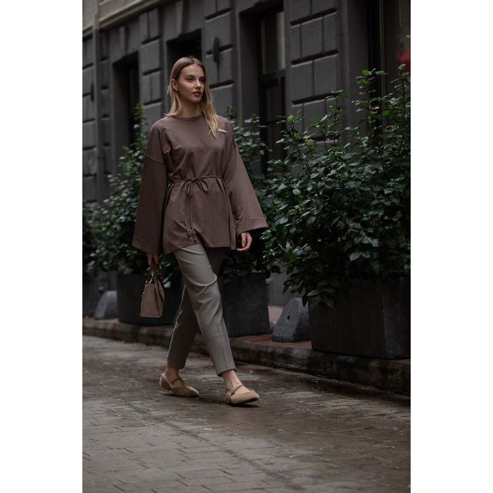 Dikiş Detaylı Yırtmaçlı Kadın Modal Kahverengi Sweatshirt S-M Beden