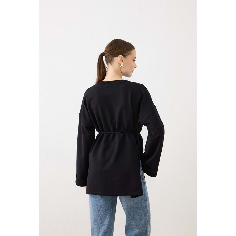 Dikiş Detaylı Yırtmaçlı Kadın Modal Siyah Sweatshirt S-M