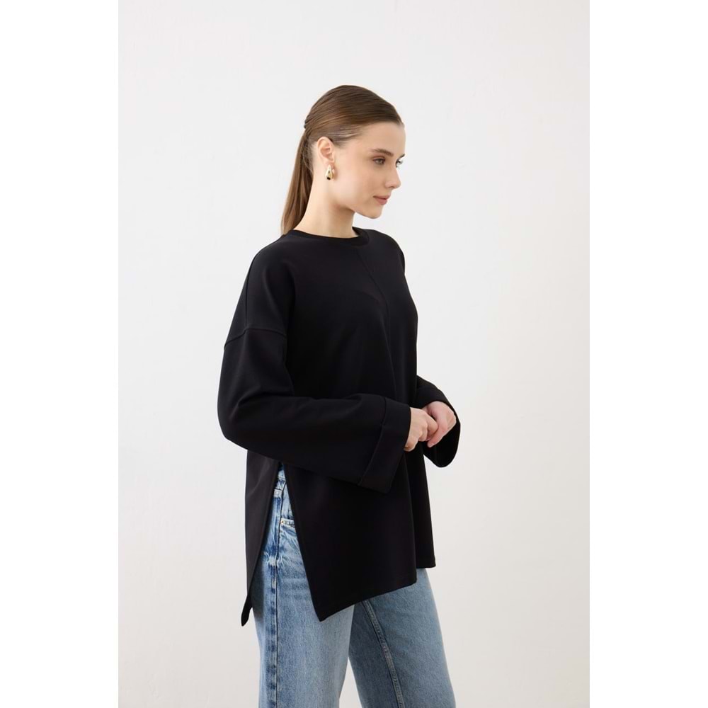 Dikiş Detaylı Yırtmaçlı Kadın Modal Siyah Sweatshirt S-M