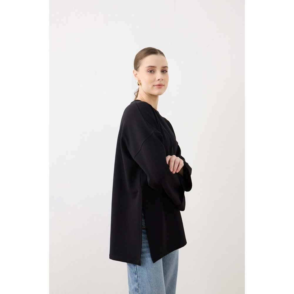 Dikiş Detaylı Yırtmaçlı Kadın Modal Siyah Sweatshirt S-M