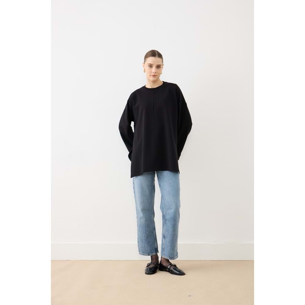 Dikiş Detaylı Yırtmaçlı Kadın Modal Siyah Sweatshirt S-M
