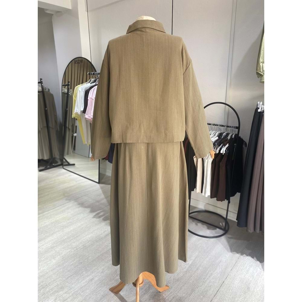 Ham Keten Yağ Yeşili Etekli Kadın Takım L-XL Beden