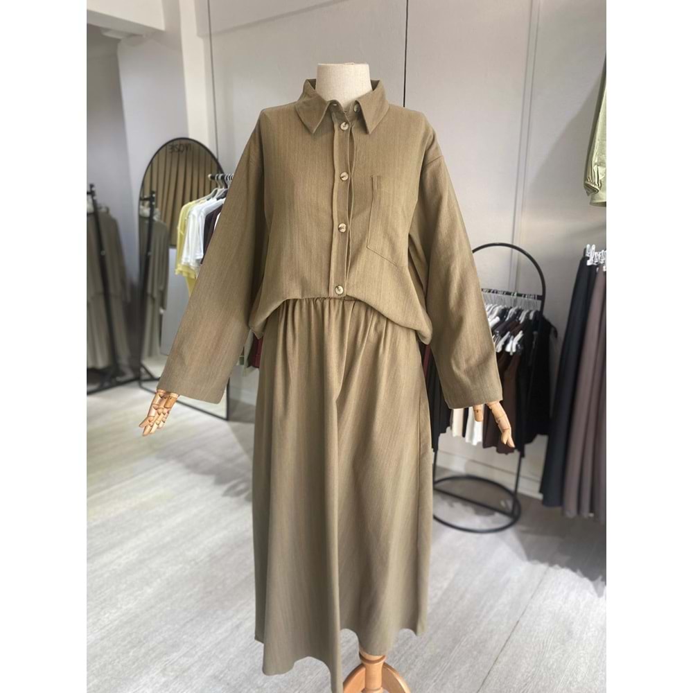 Ham Keten Yağ Yeşili Etekli Kadın Takım L-XL Beden