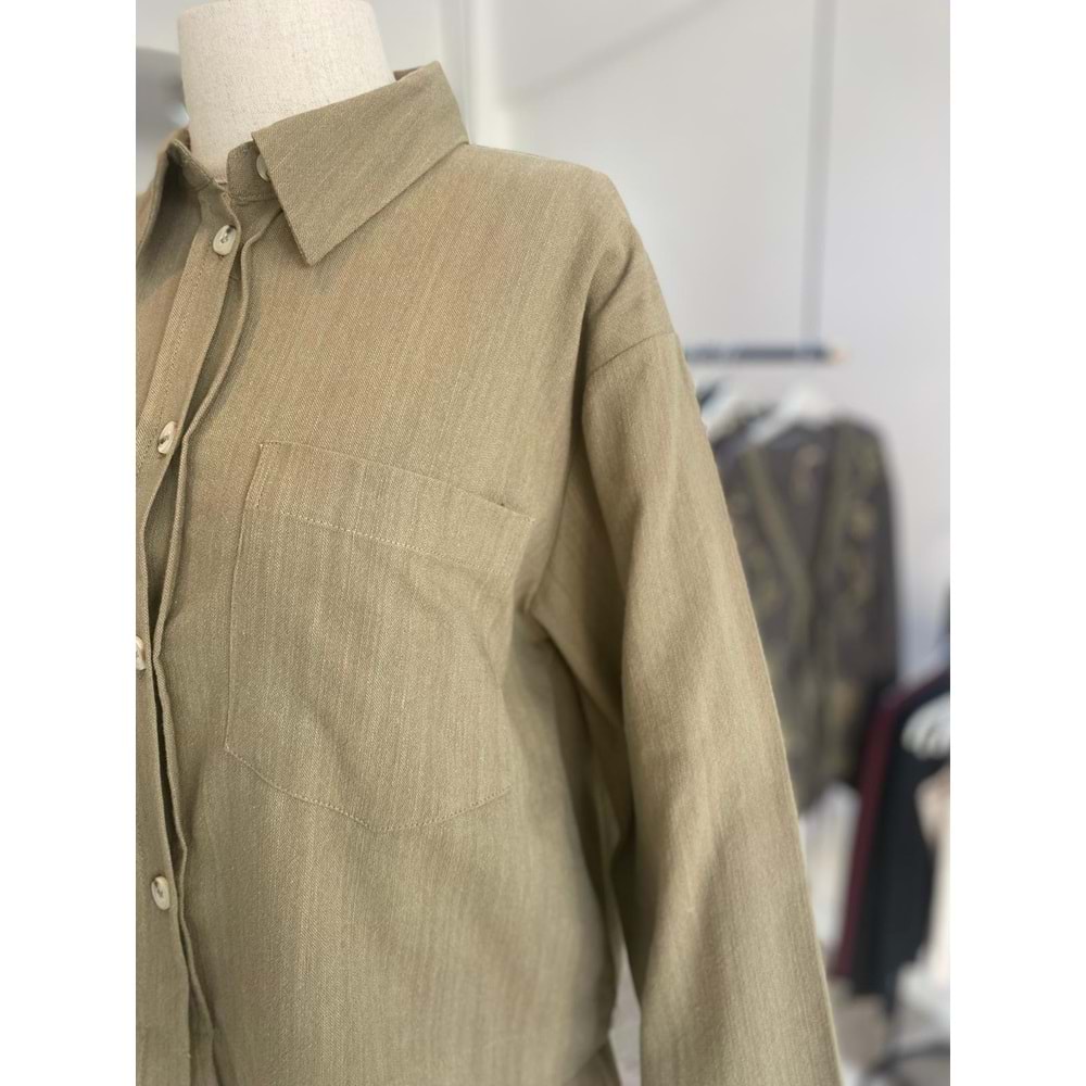 Ham Keten Yağ Yeşili Etekli Kadın Takım L-XL Beden