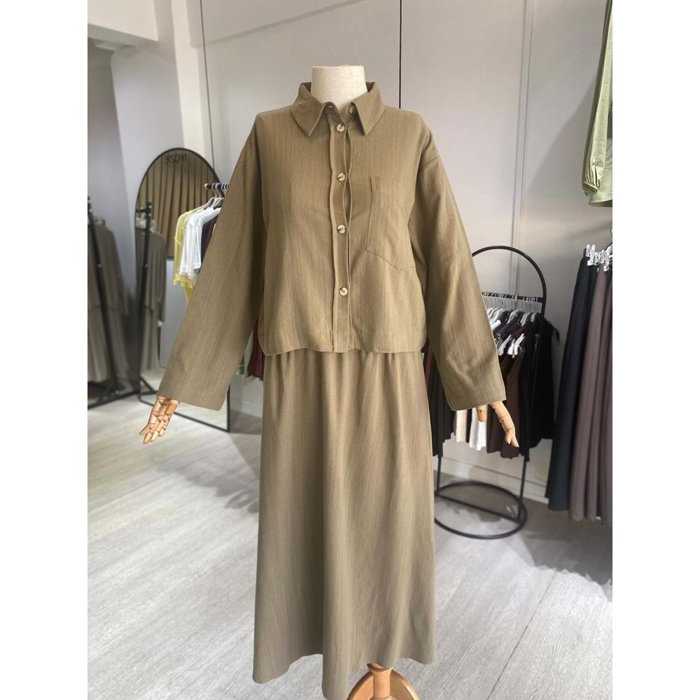 Ham Keten Yağ Yeşili Etekli Kadın Takım L-XL Beden