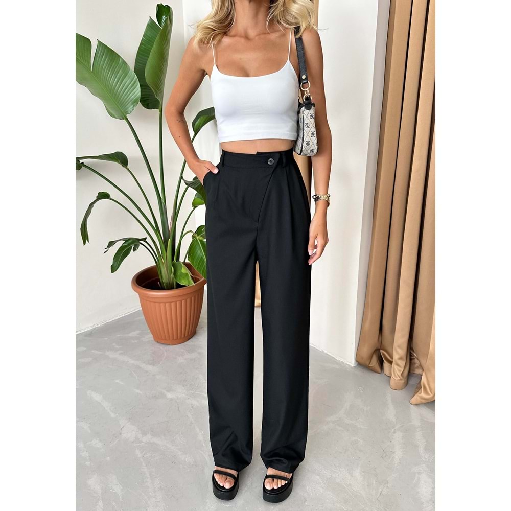 Yüksek Bel Çapraz Düğme Detaylı Kumaş Kadın Siyah Pantolon L Beden