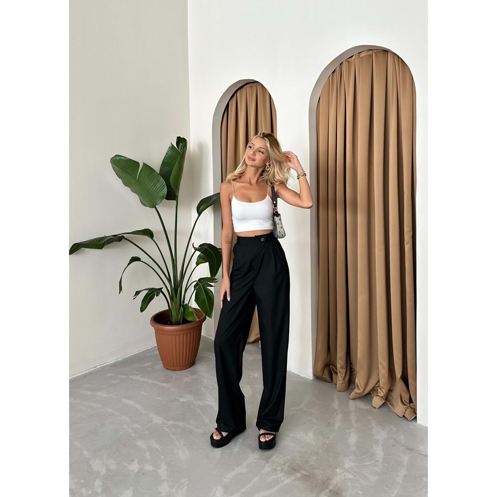 Yüksek Bel Çapraz Düğme Detaylı Kumaş Kadın Siyah Pantolon L Beden