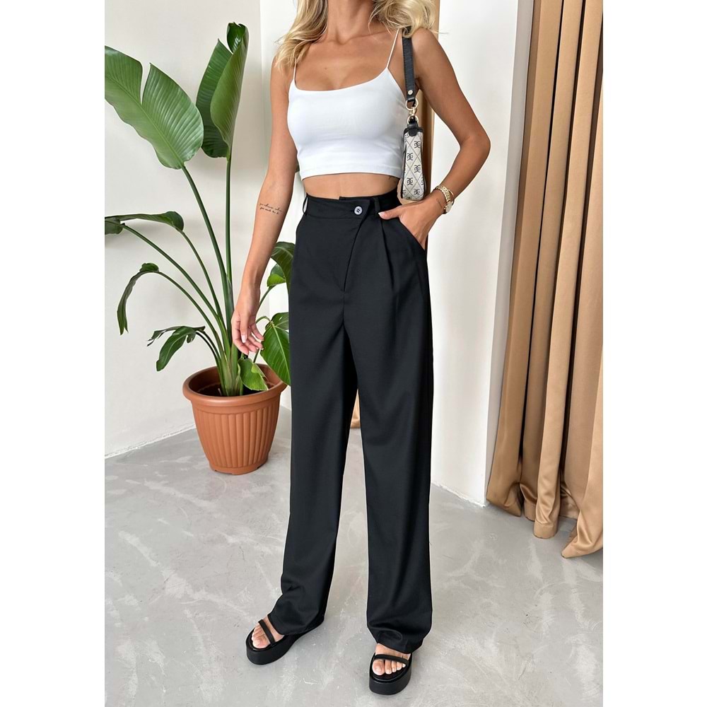 Yüksek Bel Çapraz Düğme Detaylı Kumaş Kadın Siyah Pantolon L Beden