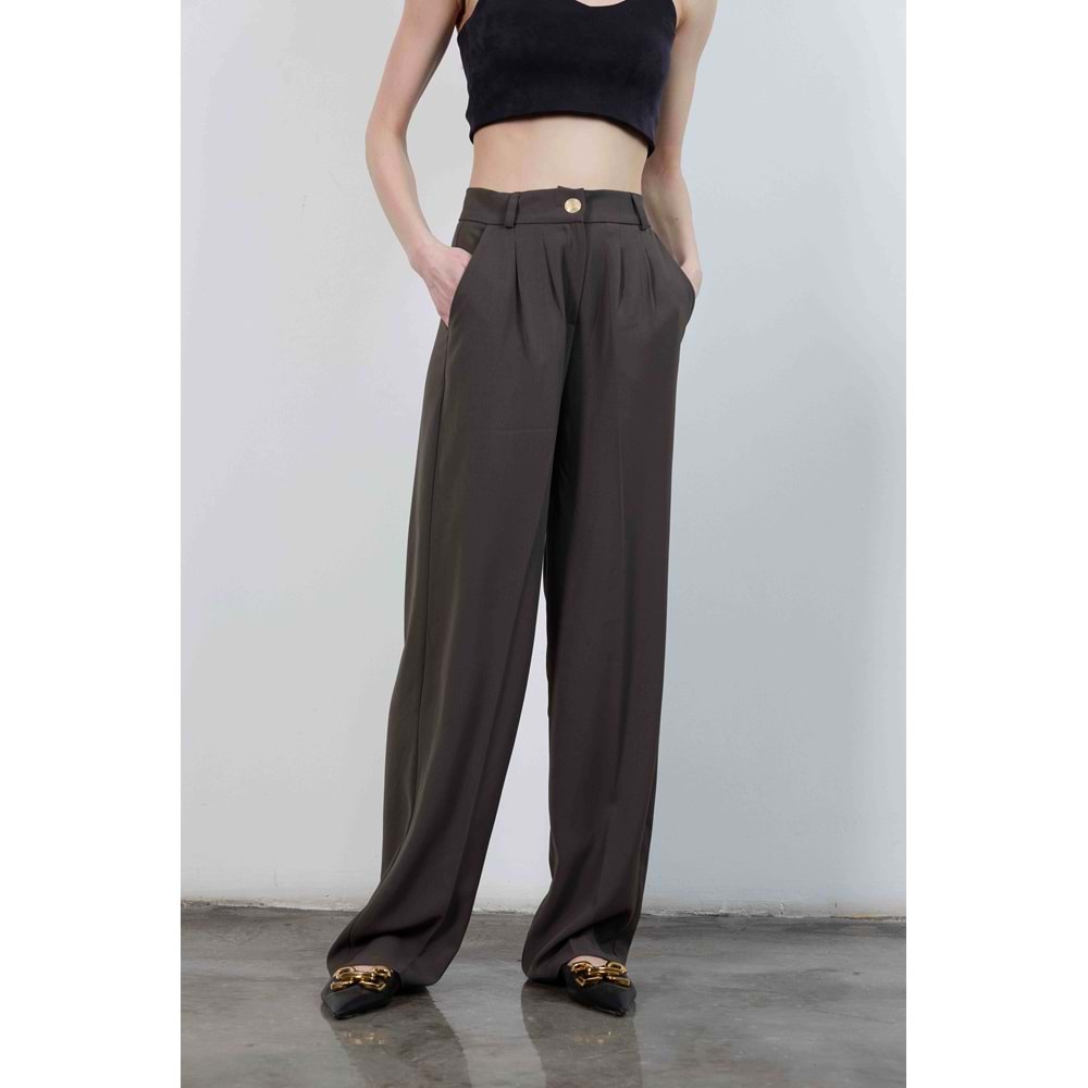 Pileli Palazzo Kumaş Kadın Beli Lastikli Kahverengi Pantolon M