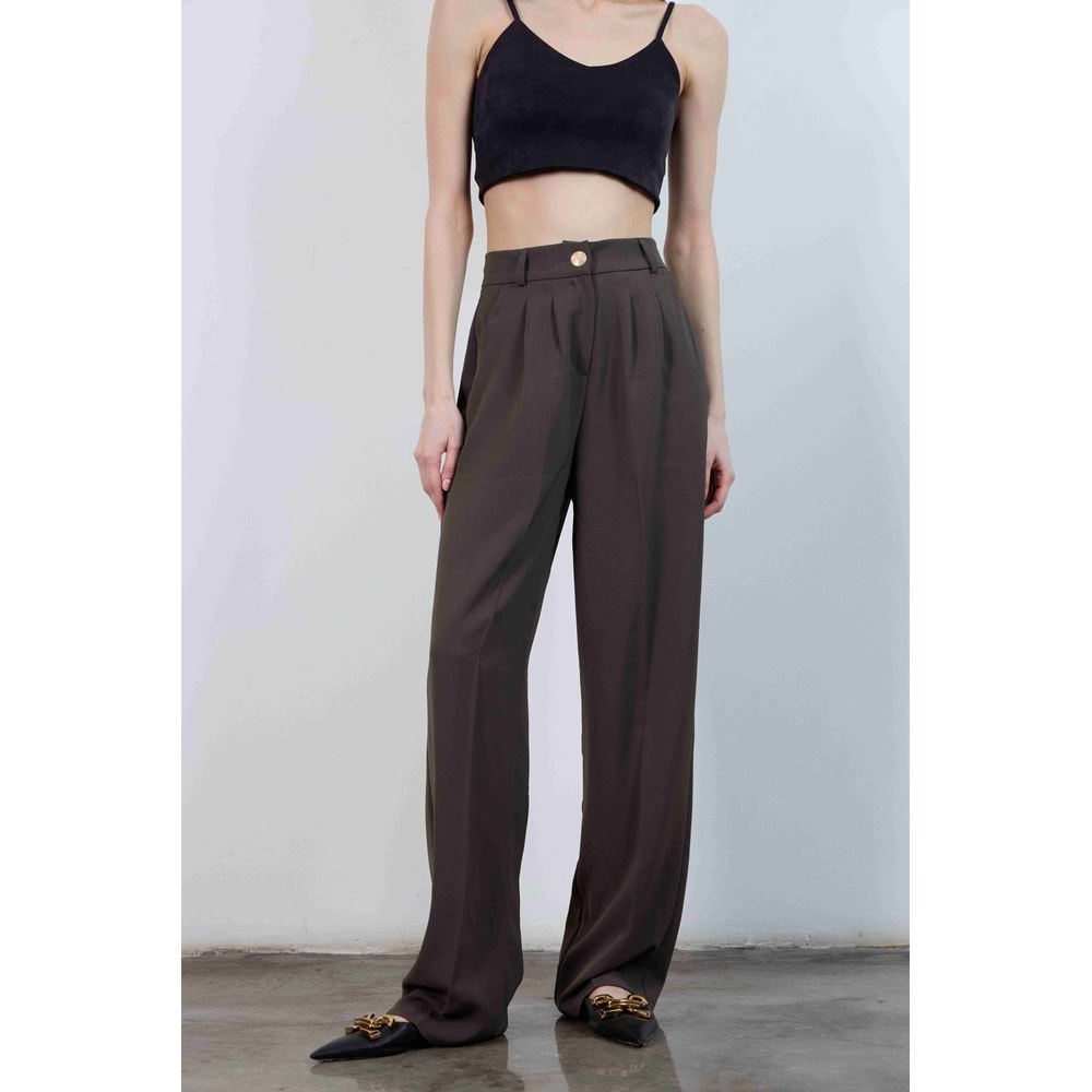 Pileli Palazzo Kumaş Kadın Beli Lastikli Kahverengi Pantolon S