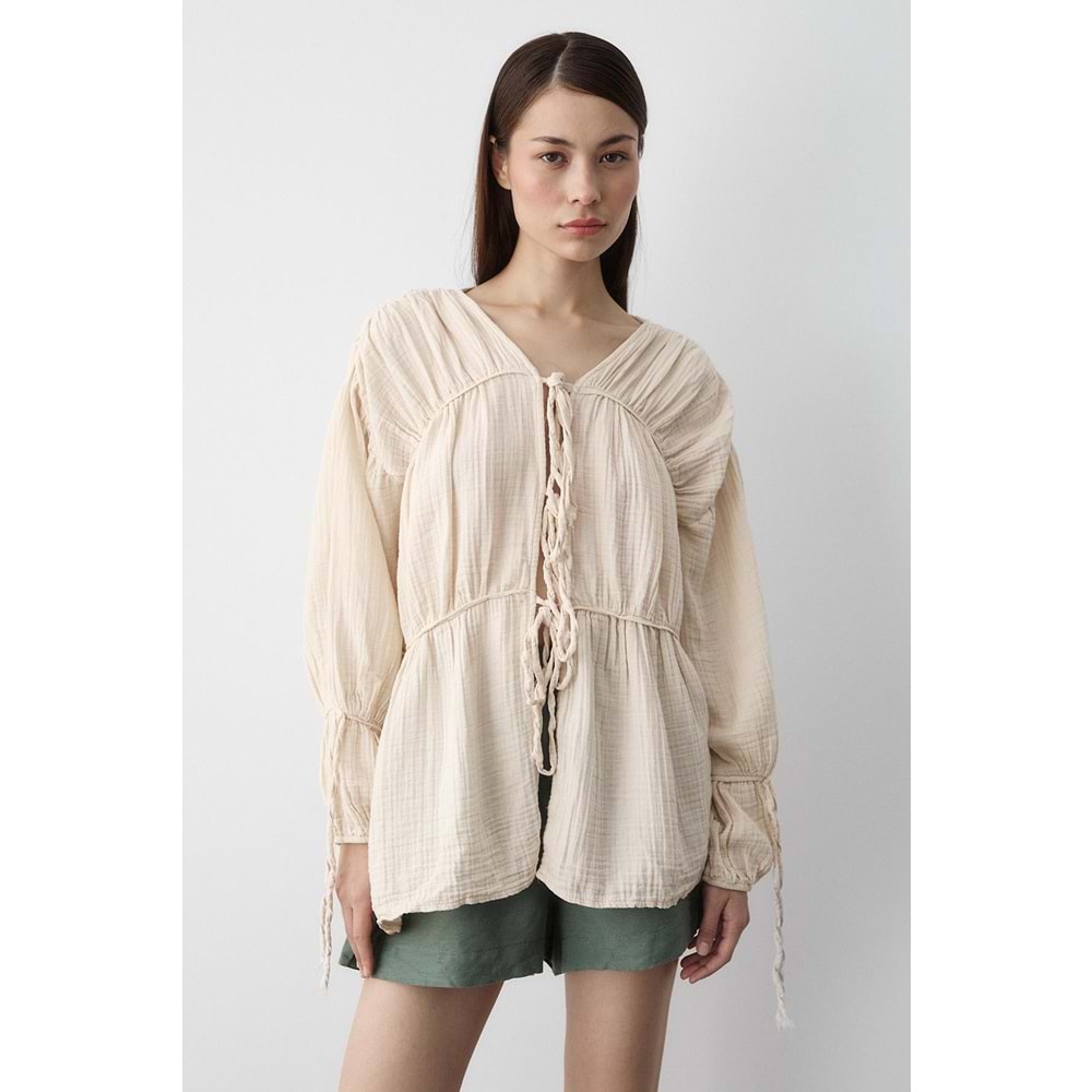 %100 Pamuk Kolu Lastikli Müslin Bağlamalı Bej Bluz M Beden