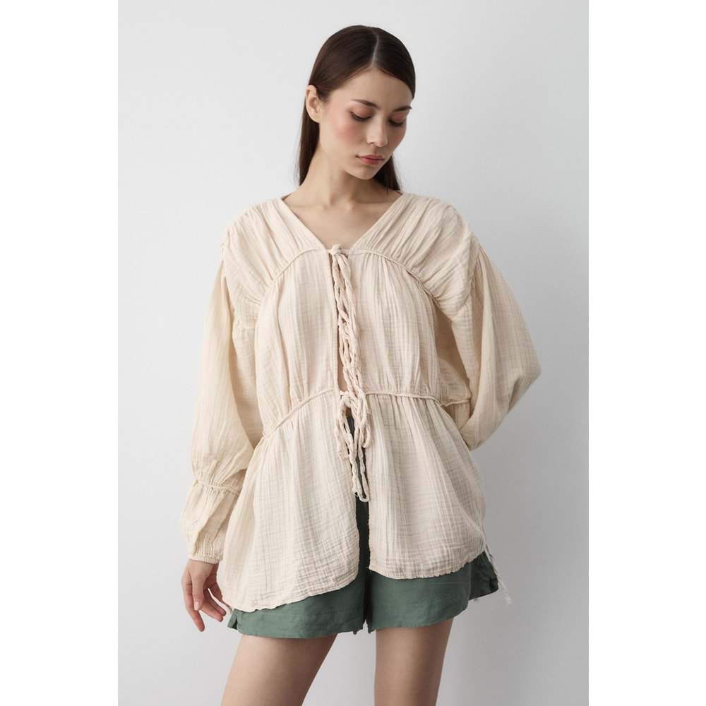 %100 Pamuk Kolu Lastikli Müslin Bağlamalı Bej Bluz M Beden