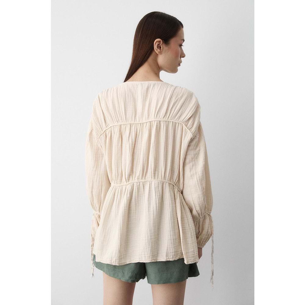 %100 Pamuk Kolu Lastikli Müslin Bağlamalı Bej Bluz M Beden