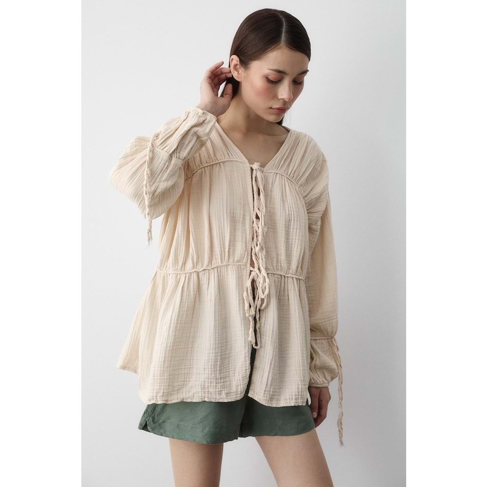 %100 Pamuk Kolu Lastikli Müslin Bağlamalı Bej Bluz M Beden