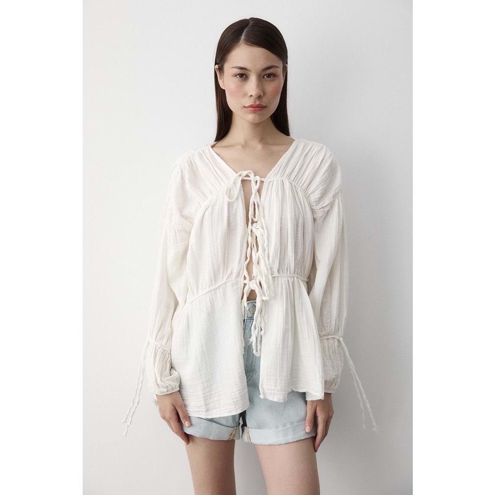 %100 Pamuk Kolu Lastikli Müslin Bağlamalı Beyaz Bluz M Beden