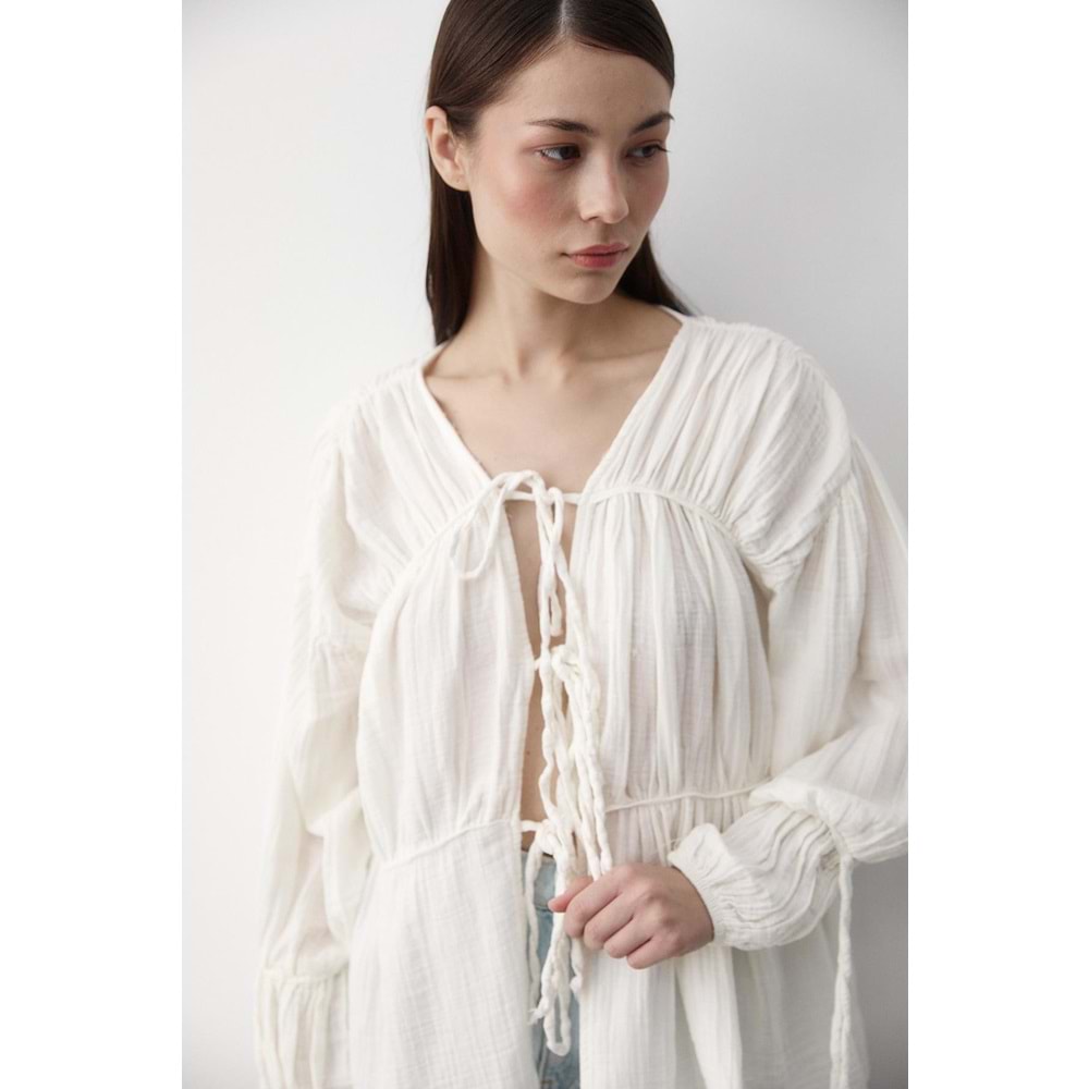 %100 Pamuk Kolu Lastikli Müslin Bağlamalı Beyaz Bluz M Beden