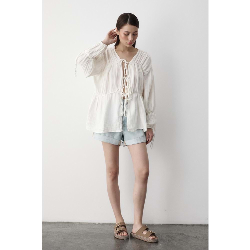 %100 Pamuk Kolu Lastikli Müslin Bağlamalı Beyaz Bluz M Beden