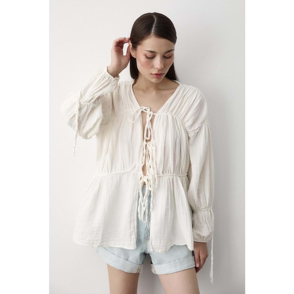 %100 Pamuk Kolu Lastikli Müslin Bağlamalı Beyaz Bluz M Beden