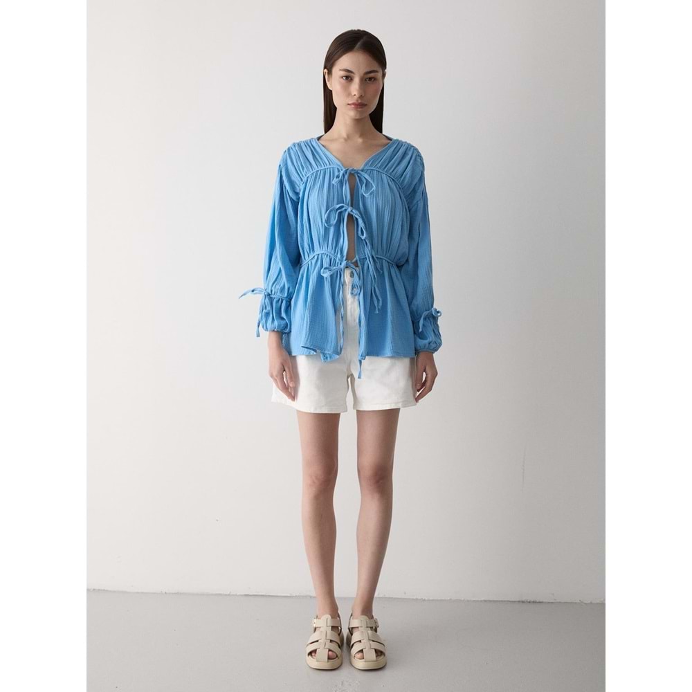 %100 Pamuk Kolu Lastikli Müslin Bağlamalı Mavi Bluz M Beden