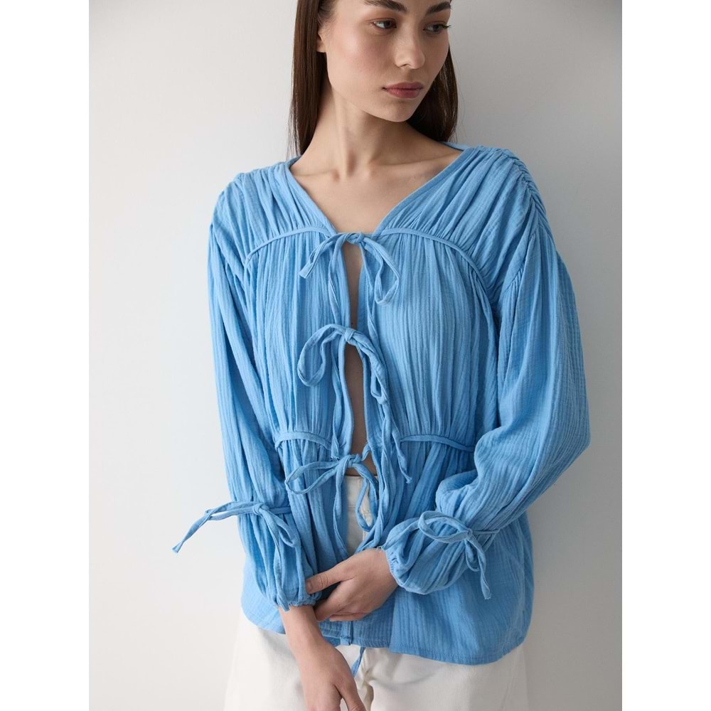 %100 Pamuk Kolu Lastikli Müslin Bağlamalı Mavi Bluz M Beden